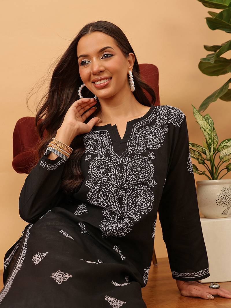 Hand Embroidered Black Pure Cambric Cotton Lucknow Chikankari Women Kurti