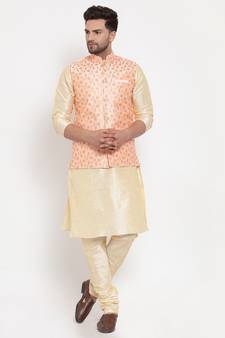 Men Beige & Cream Kurta with Churidar & Embroidered Nehru Jacket