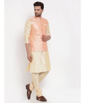 Men Beige & Cream Kurta with Churidar & Embroidered Nehru Jacket 2