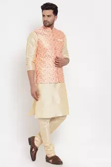 Men Beige & Cream Kurta with Churidar & Embroidered Nehru Jacket