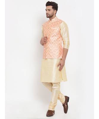 Men Beige & Cream Kurta with Churidar & Embroidered Nehru Jacket 3