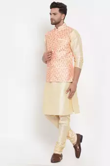 Men Beige & Cream Kurta with Churidar & Embroidered Nehru Jacket