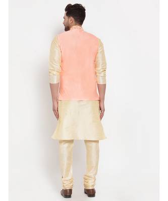 Men Beige & Cream Kurta with Churidar & Embroidered Nehru Jacket 4