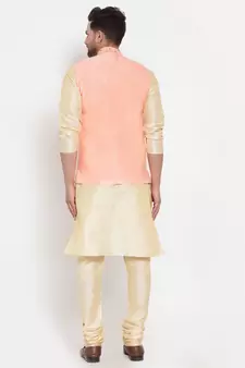 Men Beige & Cream Kurta with Churidar & Embroidered Nehru Jacket