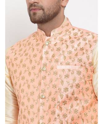 Men Beige & Cream Kurta with Churidar & Embroidered Nehru Jacket 5