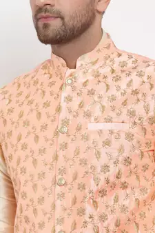 Men Beige & Cream Kurta with Churidar & Embroidered Nehru Jacket
