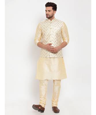 Men Beige & Cream Kurta with Churidar & Embroidered Nehru Jacket 1