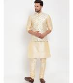 Men Beige & Cream Kurta with Churidar & Embroidered Nehru Jacket