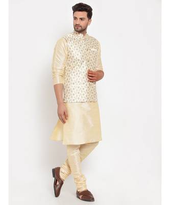 Men Beige & Cream Kurta with Churidar & Embroidered Nehru Jacket 2
