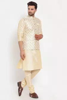 Men Beige & Cream Kurta with Churidar & Embroidered Nehru Jacket