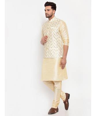 Men Beige & Cream Kurta with Churidar & Embroidered Nehru Jacket 3
