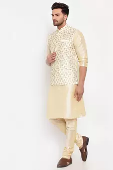 Men Beige & Cream Kurta with Churidar & Embroidered Nehru Jacket