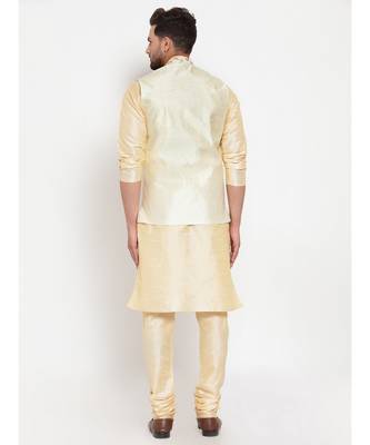 Men Beige & Cream Kurta with Churidar & Embroidered Nehru Jacket 4