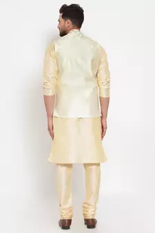 Men Beige & Cream Kurta with Churidar & Embroidered Nehru Jacket