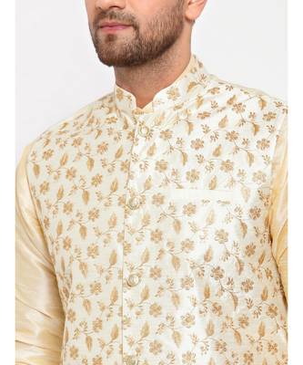 Men Beige & Cream Kurta with Churidar & Embroidered Nehru Jacket 5