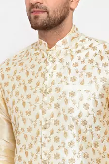 Men Beige & Cream Kurta with Churidar & Embroidered Nehru Jacket