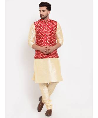 Men Beige & Red Kurta with Churidar & Embroidered Nehru Jacket 1