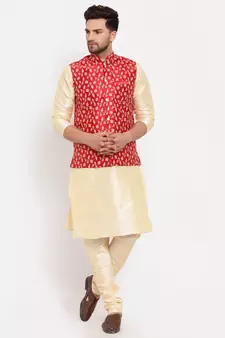 Men Beige & Red Kurta with Churidar & Embroidered Nehru Jacket