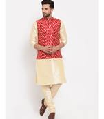Men Beige & Red Kurta with Churidar & Embroidered Nehru Jacket