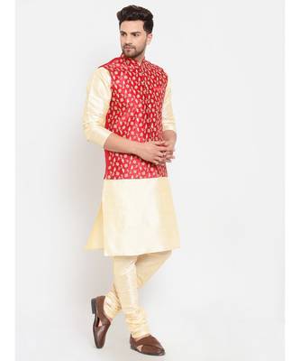 Men Beige & Red Kurta with Churidar & Embroidered Nehru Jacket 2