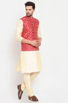 Men Beige & Red Kurta with Churidar & Embroidered Nehru Jacket