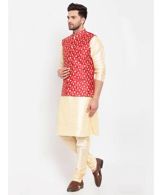 Men Beige & Red Kurta with Churidar & Embroidered Nehru Jacket 3