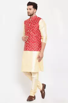 Men Beige & Red Kurta with Churidar & Embroidered Nehru Jacket
