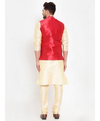 Men Beige & Red Kurta with Churidar & Embroidered Nehru Jacket 4