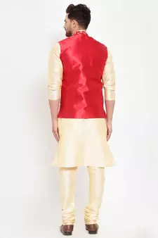 Men Beige & Red Kurta with Churidar & Embroidered Nehru Jacket