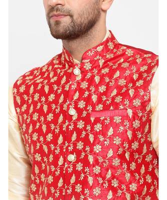 Men Beige & Red Kurta with Churidar & Embroidered Nehru Jacket 5