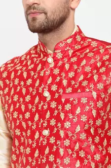 Men Beige & Red Kurta with Churidar & Embroidered Nehru Jacket