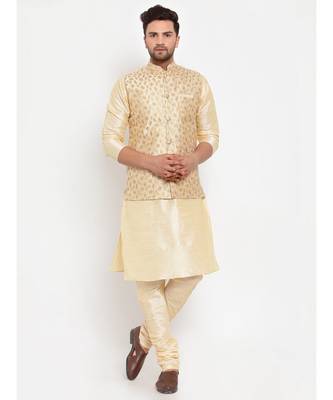 Men Beige & Beige Kurta with Churidar & Embroidered Nehru Jacket 1