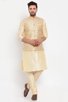 Men Beige & Beige Kurta with Churidar & Embroidered Nehru Jacket