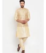 Men Beige & Beige Kurta with Churidar & Embroidered Nehru Jacket