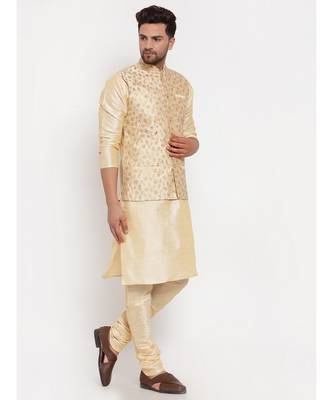 Men Beige & Beige Kurta with Churidar & Embroidered Nehru Jacket 2