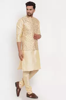 Men Beige & Beige Kurta with Churidar & Embroidered Nehru Jacket