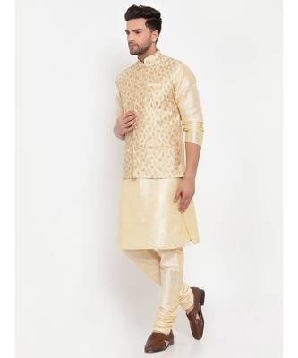 Men Beige & Beige Kurta with Churidar & Embroidered Nehru Jacket 3