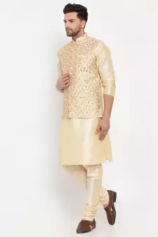 Men Beige & Beige Kurta with Churidar & Embroidered Nehru Jacket