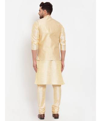 Men Beige & Beige Kurta with Churidar & Embroidered Nehru Jacket 4