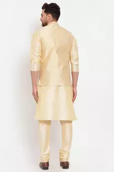 Men Beige & Beige Kurta with Churidar & Embroidered Nehru Jacket