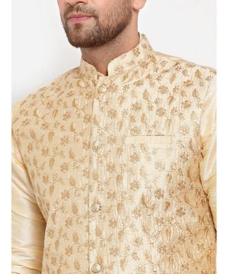 Men Beige & Beige Kurta with Churidar & Embroidered Nehru Jacket 5