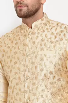 Men Beige & Beige Kurta with Churidar & Embroidered Nehru Jacket