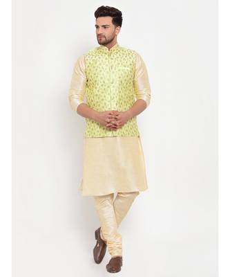 Men Beige & Limegreen Kurta with Churidar & Embroidered Nehru Jacket 1