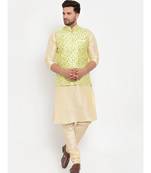 Men Beige & Limegreen Kurta with Churidar & Embroidered Nehru Jacket