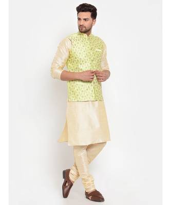 Men Beige & Limegreen Kurta with Churidar & Embroidered Nehru Jacket 2