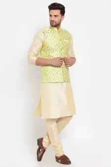 Men Beige & Limegreen Kurta with Churidar & Embroidered Nehru Jacket