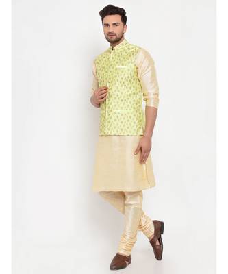 Men Beige & Limegreen Kurta with Churidar & Embroidered Nehru Jacket 3