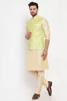 Men Beige & Limegreen Kurta with Churidar & Embroidered Nehru Jacket