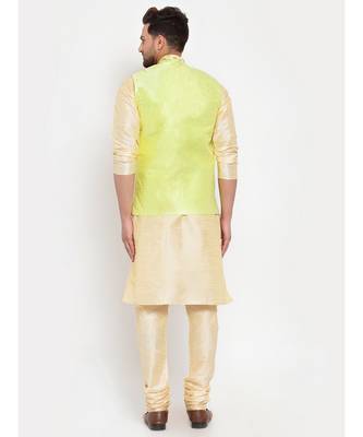 Men Beige & Limegreen Kurta with Churidar & Embroidered Nehru Jacket 4