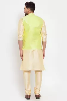 Men Beige & Limegreen Kurta with Churidar & Embroidered Nehru Jacket